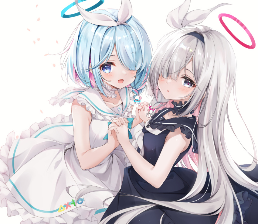 2girls :d :o arona_(blue_archive) black_dress black_hairband blue_archive blue_eyes blue_hair blue_halo blue_pupils blush bow_hairband collarbone colored_inner_hair dot_nose dress falling_petals frilled_dress frills grey_eyes hair_over_one_eye hairband halo holding_hands interlocked_fingers light_blue_hair long_hair looking_at_viewer minakami_rinka multicolored_hair multiple_girls petals pink_hair pink_halo plana_(blue_archive) red_pupils simple_background smile two-tone_hair white_background white_dress white_hair white_hairband