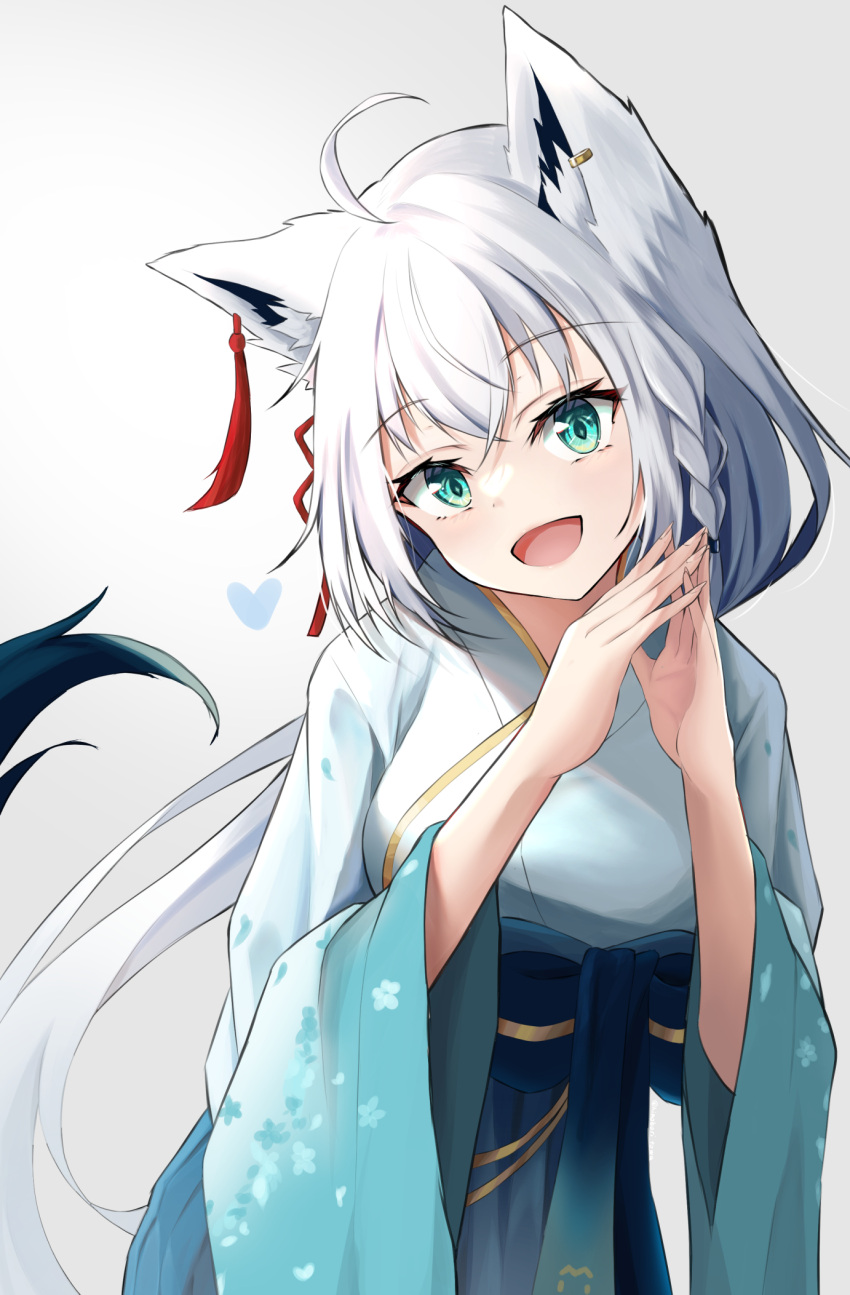 1girl ahoge animal_ear_fluff animal_ears blue_kimono braid commentary_request earrings fox_ears fox_girl fox_tail green_eyes hair_between_eyes hair_ornament heart highres hololive japanese_clothes jewelry kimono long_hair looking_at_viewer open_mouth own_hands_together shirakami_fubuki shirakami_fubuki_(new_year) sidelocks simple_background single_braid smile solo tail unknown_(riseillustrator) virtual_youtuber white_background white_hair white_kimono