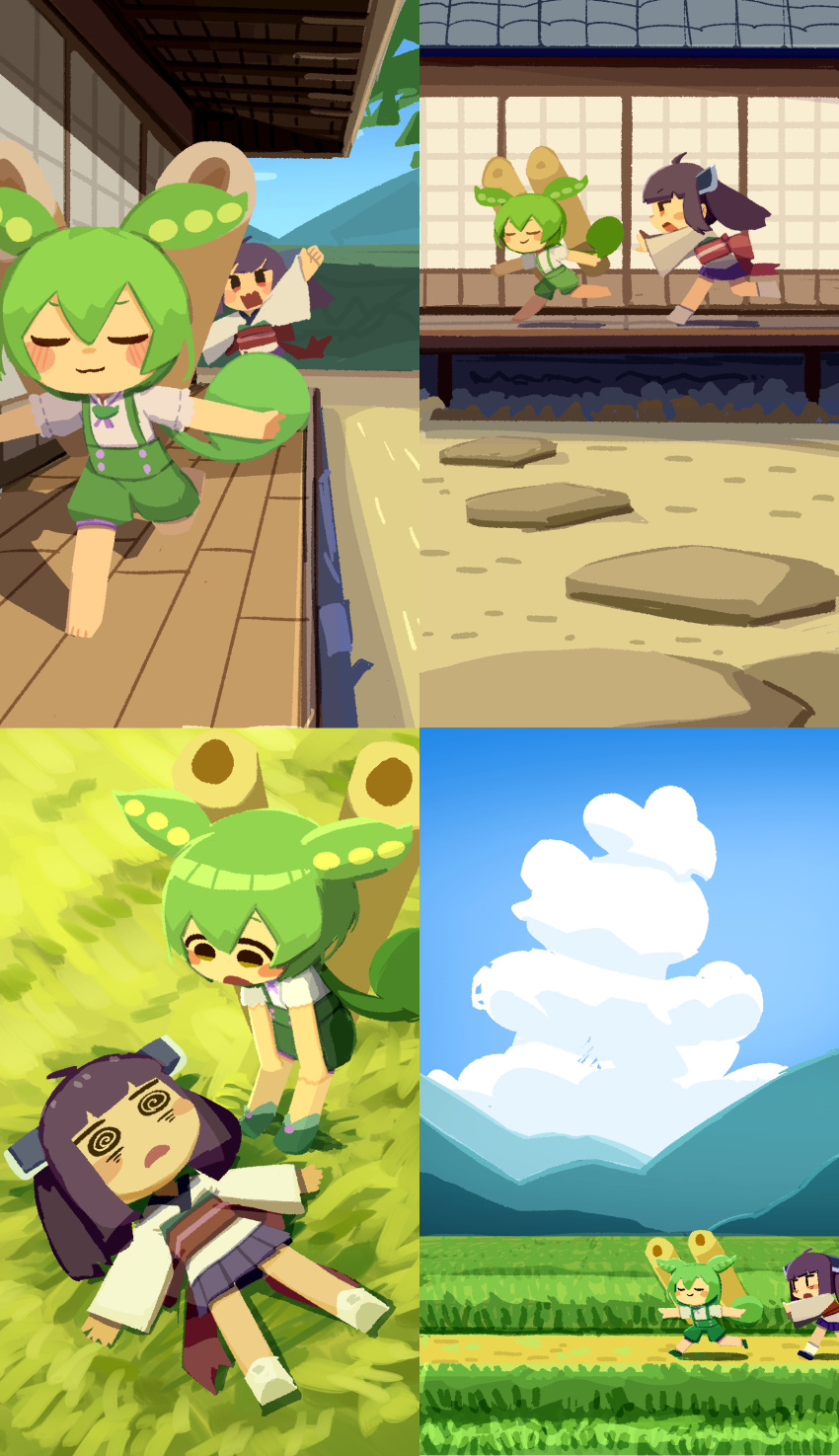 2girls :3 @_@ absurdres ahoge angry blade blue_sky blunt_bangs blush_stickers bow brown_hair chasing chibi closed_eyes cloud collage day exhausted field grass green_hair green_shorts green_suspenders hair_between_eyes headgear highres japanese_clothes kimono kiritanpo_(food) konohoshi long_hair looking_at_another low_ponytail lying medium_hair mountainous_horizon multiple_girls no_lineart obi obijime on_back on_ground open_mouth outdoors pea_pod puffy_shorts purple_skirt red_bow red_eyes running sash shirt short_kimono short_sleeves short_twintails shorts shouji shouting skirt sky sliding_doors summer suspender_shorts suspenders theft tile_roof touhoku_kiritan twintails v-shaped_eyebrows veranda voiceroid voicevox waist_bow white_kimono white_shirt wide_sleeves wooden_floor yellow_eyes zundamon