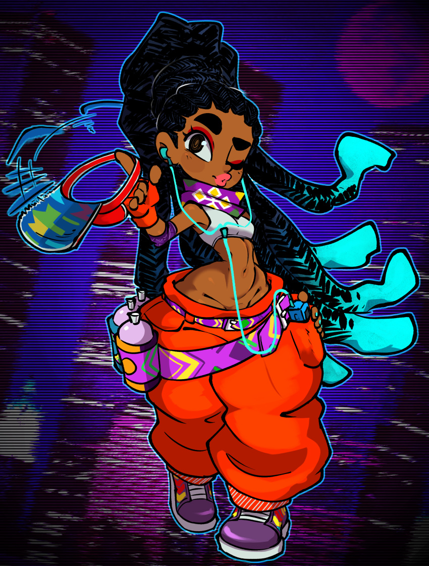 1girl absurdres alternate_costume aqua_nails baggy_pants bandana_around_arm bandana_around_neck bare_hips belly belt black_hair brown_eyes cassette_player colored_tips commission crop_top dark-skinned_female dark_skin dreadlocks earphones fingerless_gloves gloves groin hat highres holding holding_clothes holding_hat kimberly_jackson long_hair lowleg lowleg_pants midriff multicolored_hair navel no_panties non-web_source pants pink_lips puckered_lips red_eyeliner shoes sleeveless sneakers solo spray_can stomach street_fighter street_fighter_6 very_long_hair