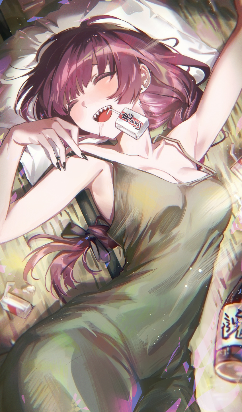 1girl alcohol_carton arm_up bare_shoulders black_nails bocchi_the_rock! bottle braid breasts cleavage closed_eyes collarbone commentary dress drooling drunk ear_piercing green_dress hair_tie highres hiroi_kikuri lying medium_breasts on_back on_floor open_mouth piercing pillow red_hair saliva sharp_teeth single_braid solo strap_slip teeth upper_teeth_only zuzu_(wckd7545)