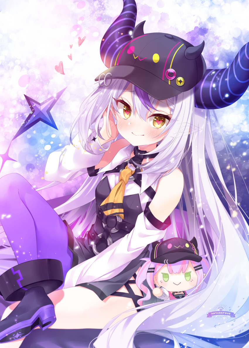 1girl absurdres ahoge ankle_cuffs ascot bare_shoulders baseball_cap bibi_(tokoyami_towa) black_headwear black_horns braid braided_bangs character_doll fake_horns grey_hair hat highres hololive horned_headwear horns la+_darknesss la+_darknesss_(1st_costume) long_hair looking_at_viewer mocha_(naturefour) multicolored_hair pointy_ears purple_hair solo streaked_hair striped_horns tokoyami_towa tokoyami_towa_(1st_costume) virtual_youtuber yellow_ascot