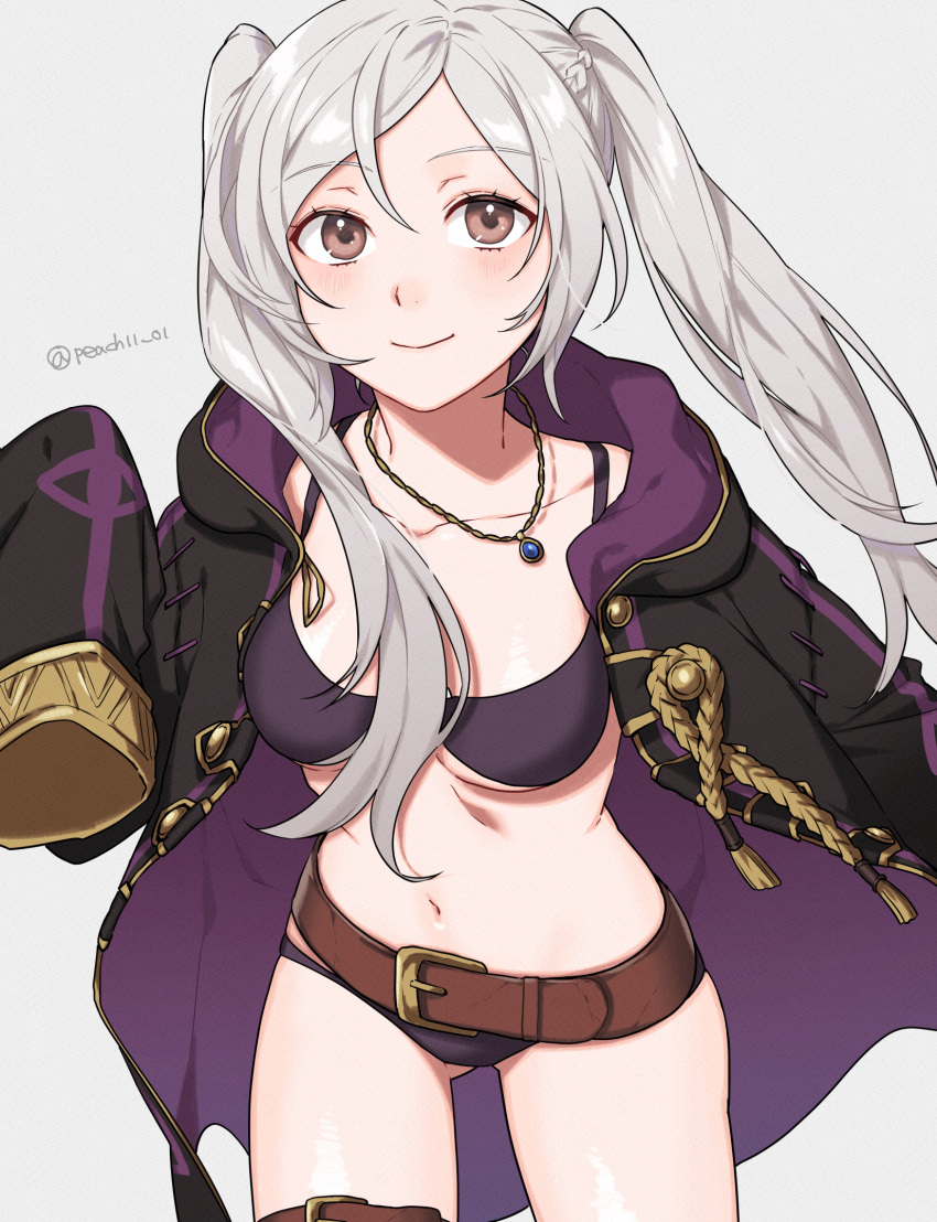 1girl ass_visible_through_thighs belt bikini black_coat blush breasts brown_belt coat commentary cowboy_shot fire_emblem fire_emblem_awakening fire_emblem_heroes grey_background grey_hair highres jewelry long_sleeves medium_breasts navel necklace o-ring official_alternate_costume open_clothes open_coat peach11_01 purple_bikini robin_(female)_(fire_emblem) robin_(fire_emblem) simple_background sleeves_past_fingers sleeves_past_wrists solo standing stomach swimsuit thighs twintails underboob