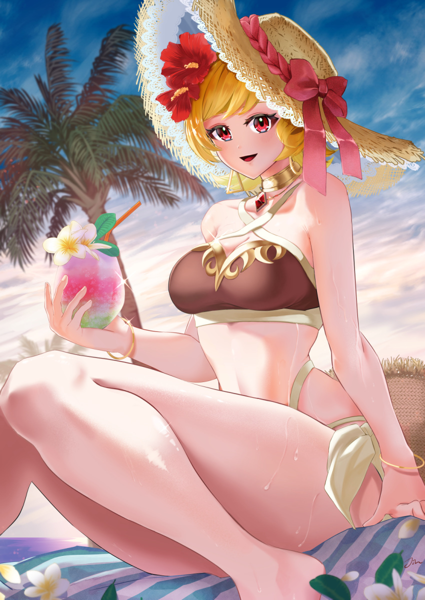 1girl bare_shoulders barefoot beach bikini blonde_hair bracelet brown_bikini choker citrinne_(fire_emblem) cocktail_glass cup drink drinking_glass drinking_straw earrings fire_emblem fire_emblem_engage flower gold_choker hair_flower hair_ornament hat hat_ribbon highres holding jewelry jin_noumi looking_at_viewer navel necklace official_alternate_costume outdoors palm_tree red_eyes ribbon short_hair sitting sky smile solo sun_hat swimsuit tree