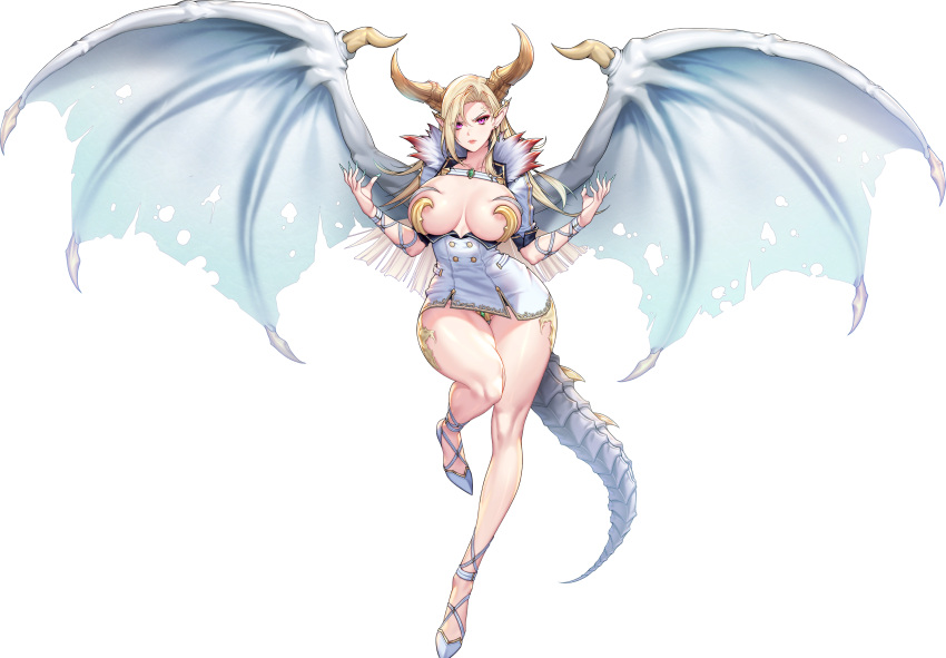 &gt;:( 1girl abs aqua_nails areola_slip arm_strap armlet armor bikini bikini_armor blonde_hair breastless_clothes breasts buttons c.honey closed_mouth collarbone crotch_plate double-breasted dragon_girl dragon_horns dragon_tail dragon_wings ear_ornament earrings fake_horns fake_tail fake_wings fingernails framed_breasts full_body fur-trimmed_jacket fur_trim game_cg gem gold_trim green_gemstone groin_tendon high_heels highres horns huge_breasts jacket jewelry last_origin leg_up linea_alba lips long_hair looking_at_viewer micro_bikini military_jacket military_uniform miniskirt official_alternate_costume official_art partially_visible_vulva pointy_ears purple_eyes sadius_of_retribution sharp_fingernails short_sleeves simple_background skindentation skirt solo strappy_heels swimsuit tachi-e tail thick_thighs thighs third-party_source torn_wings transparent_background uniform v-shaped_eyebrows white_footwear white_jacket white_wings wide_hips wings yellow_scales