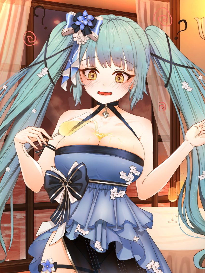 1girl ? @_@ absurdres alcohol blue_bow blue_dress blue_hair blush bow breasts cocktail_glass collarbone cup dot_nose dress drinking_glass drunk goddess_of_victory:_nikke hair_bow highres holding holding_cup indoors large_breasts long_hair open_mouth privaty_(banquet_princess)_(nikke) privaty_(nikke) sleeveless sleeveless_dress solo spilling standing twintails whidlam yellow_eyes