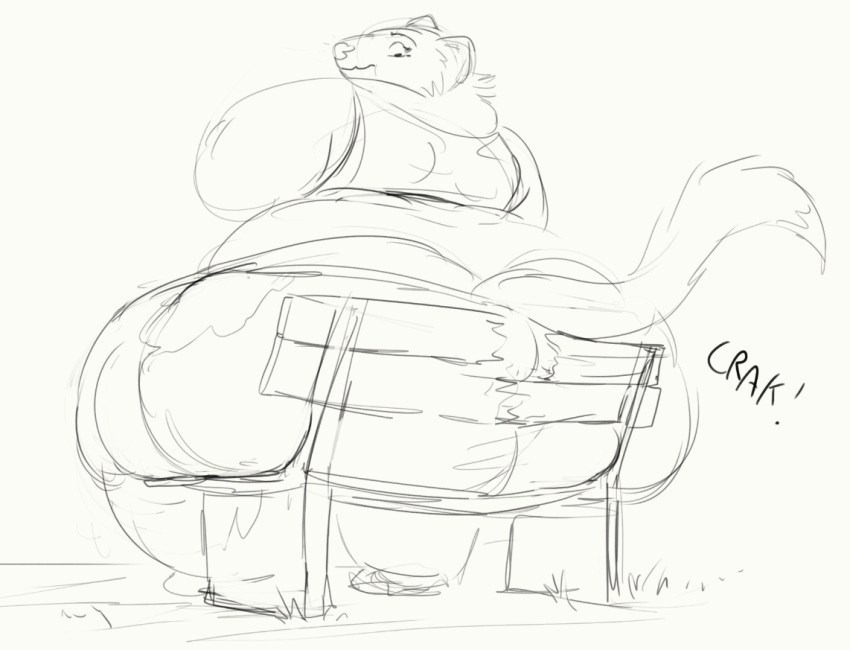 anthro bench big_butt butt cettus chair clothed clothing english_text female furniture grass huge_butt looking_back looking_down mammal maren_sommer morbidly_obese morbidly_obese_anthro morbidly_obese_female mustelid musteline obese obese_anthro obese_female onomatopoeia overweight overweight_anthro overweight_female plant rear_view sitting sketch solo sound_effects stoat tail text true_musteline weasel