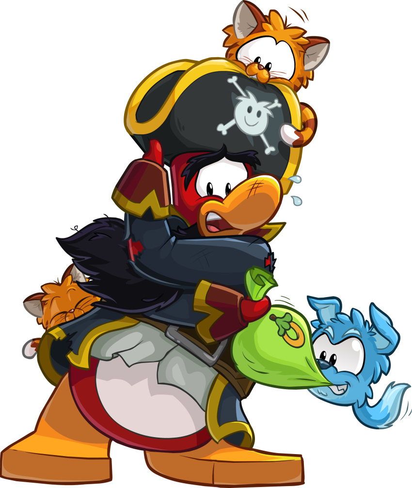 absurd_res avian beard bird black_clothing black_jacket black_topwear brown_belt brown_hair captain_rokhopper cat_puffle clothing club_penguin dog_puffle eyes_closed facial_hair full-length_portrait green_bag group hair hi_res jacket male official_art open_mouth penguin pirate_headwear portrait puffle shirt topwear unknown_artist upper_teeth white_clothing white_shirt white_topwear