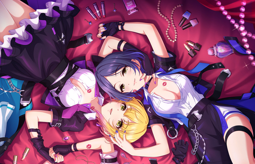 2girls bed_sheet blush bottle breasts brooch cleavage cosmetics feet_out_of_frame fingerless_gloves fingernails gloves gradient_hair hayami_kanade holding_hands idolmaster idolmaster_cinderella_girls idolmaster_cinderella_girls_starlight_stage jewelry large_breasts lipstick_mark looking_at_viewer lying miyamoto_frederica multicolored_hair multiple_girls nail_polish official_art on_back open_collar perfume_bottle shirt smile thigh_strap white_shirt