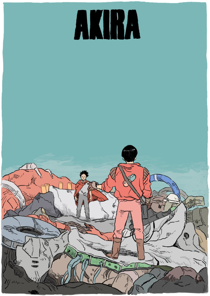 2boys akira ass black_hair blue_sky brown_footwear cape highres jacket kaneda_shoutarou_(akira) multiple_boys pants pill red_cape red_jacket red_pants science_fiction shima_tetsuo sky standing tora0820 trash weapon