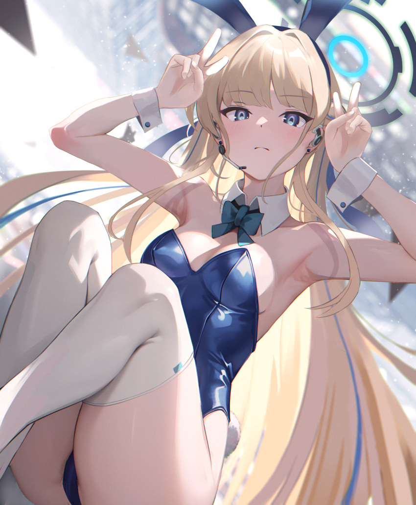 1girl absurdres animal_ears arms_up bare_shoulders blonde_hair blue_archive blue_bow blue_eyes blue_hairband blue_leotard bow bowtie braid breasts closed_mouth darudana detached_collar double_v earpiece fake_animal_ears hairband halo highleg highleg_leotard highres leotard long_hair looking_at_viewer microphone official_alternate_costume official_alternate_hairstyle playboy_bunny rabbit_ears rabbit_tail sitting small_breasts solo tail thighhighs thighs toki_(blue_archive) toki_(bunny)_(blue_archive) v very_long_hair white_thighhighs wrist_cuffs