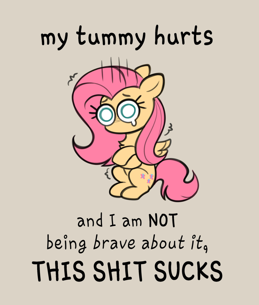 absurd_res blue_eyes confetticakez cutie_mark equid equine fluttershy_(mlp) friendship_is_magic fur hair hasbro hi_res mammal my_little_pony pain pegasus pink_hair shaking sitting solo stomach_ache trembling wings yellow_body yellow_fur