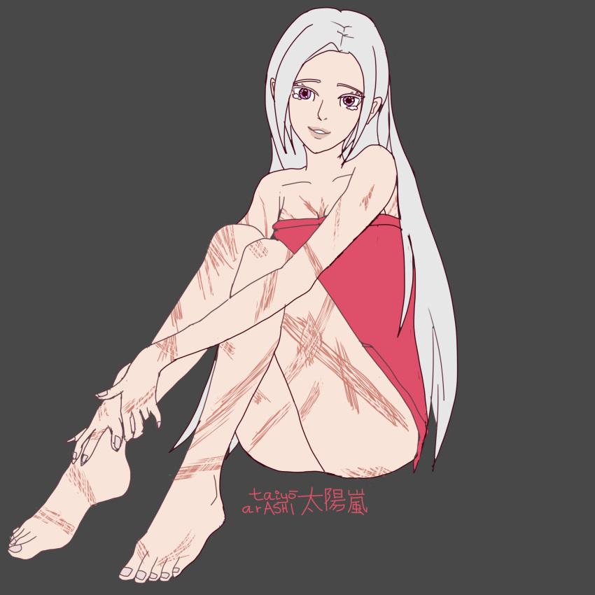 confused edelgard_von_hresvelg feet fire_emblem fire_emblem:_three_houses highres knees_together_feet_apart scar scar_on_arm scar_on_chest scar_on_leg sitting smile taiyouarashi tears wiping_tears