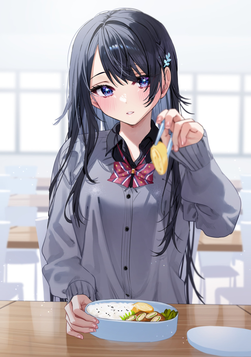 1girl black_hair blue_eyes blurry blurry_background blush bow bowtie check_copyright chigusa_minori chopsticks collared_shirt commentary_request copyright_request food highres indoors jitsu_wa_imouto_deshita. long_sleeves looking_at_viewer parted_lips red_bow red_bowtie shirt solo