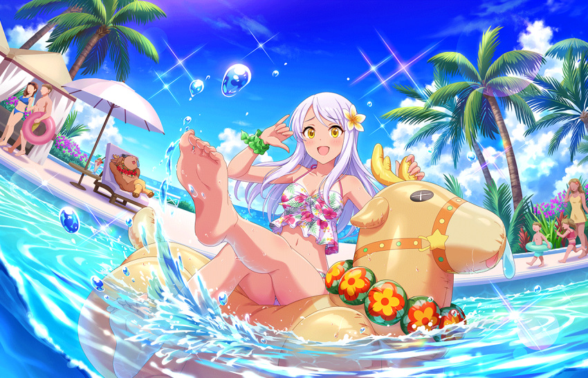 armband beach_chair bikini blitzen cloud eve_santaclaus feet flower hair_flower hair_ornament idolmaster idolmaster_cinderella_girls long_hair midriff navel nose_bubble official_art open_mouth palm_tree people pool reindeer sky sunbathing swimsuit tan tanlines thighhighs toes tree water white_hair yellow_eyes