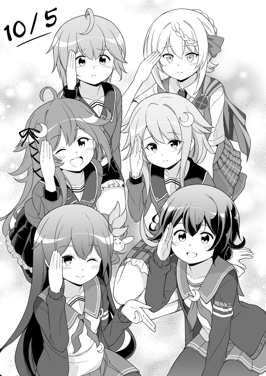 6+girls ahoge armband asymmetrical_hair badge braid braided_bangs braided_bun crescent crescent_hair_ornament crescent_pin dated frilled_shorts frilled_skirt frills greyscale hair_between_eyes hair_bun hair_ornament highres kantai_collection kisaragi_(kancolle) kisaragi_kai_ni_(kancolle) long_hair long_sleeves low-tied_long_hair minazuki_(kancolle) miniskirt monochrome multiple_girls mutsuki_(kancolle) mutsuki_kai_ni_(kancolle) neckerchief one_eye_closed pantyhose perth_(kancolle) plaid plaid_skirt pleated_skirt rabbit_hair_ornament salute school_uniform serafuku short_hair short_hair_with_long_locks short_shorts short_sleeves shorts single_hair_bun skirt tenshin_amaguri_(inobeeto) uzuki_(kancolle) very_long_hair vest yayoi_(kancolle)