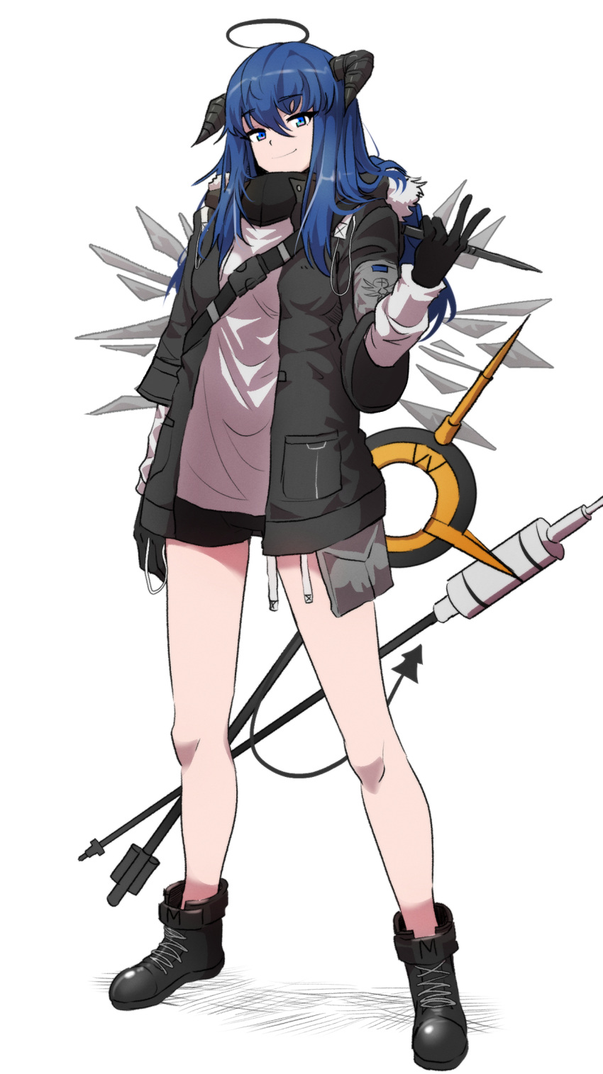 1girl arknights bare_legs black_footwear black_gloves black_jacket black_shorts blue_eyes blue_hair boots breasts closed_mouth commentary cross-laced_footwear demon_horns demon_tail detached_wings english_commentary full_body gloves hair_between_eyes halo highres horns jacket legs_apart long_hair long_sleeves looking_at_viewer medium_breasts mostima_(arknights) open_clothes open_jacket samacho shirt short_shorts shorts simple_background smile solo staff standing strap tail v white_background white_shirt wings