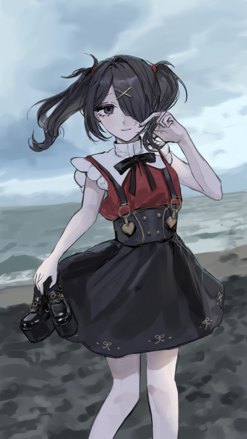 1girl adjusting_hair ame-chan_(needy_girl_overdose) beach black_eyes black_footwear black_hair black_ribbon black_skirt cloud cloudy_sky collared_shirt feet_out_of_frame hair_ornament hair_over_one_eye hair_tie hairclip hand_up highres holding holding_clothes holding_footwear looking_at_viewer muted_color neck_ribbon needy_girl_overdose ocean outdoors parted_lips red_shirt ribbon sanmanako shirt shirt_tucked_in shoes skirt sky smile solo standing suspender_skirt suspenders twintails unworn_shoes water wind x_hair_ornament