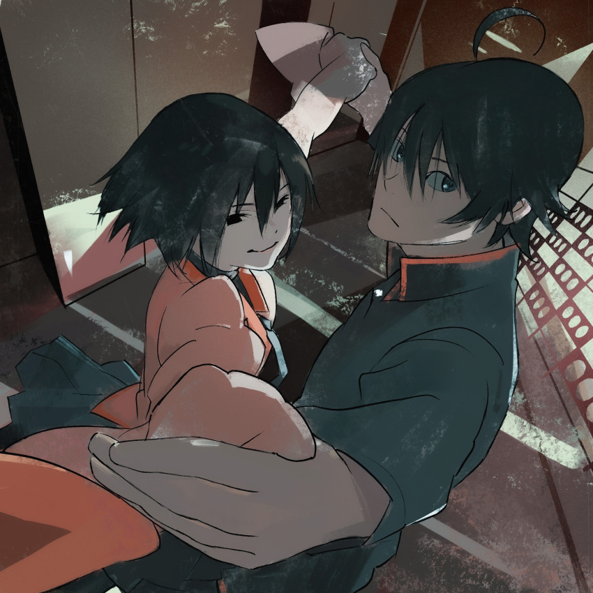 1boy 1girl absurdres ahoge araragi_koyomi black_eyes black_hair commentary_request dancing dutch_angle english_commentary hair_between_eyes hallway highres holding_hands indoors kakeami looking_at_viewer mixed-language_commentary monogatari_(series) naoetsu_high_school_uniform oshino_ougi owarimonogatari pink_shirt pleated_skirt puffy_sleeves school_uniform shirt short_hair skirt sleeves_past_fingers sleeves_past_wrists smile waltz_(dance)