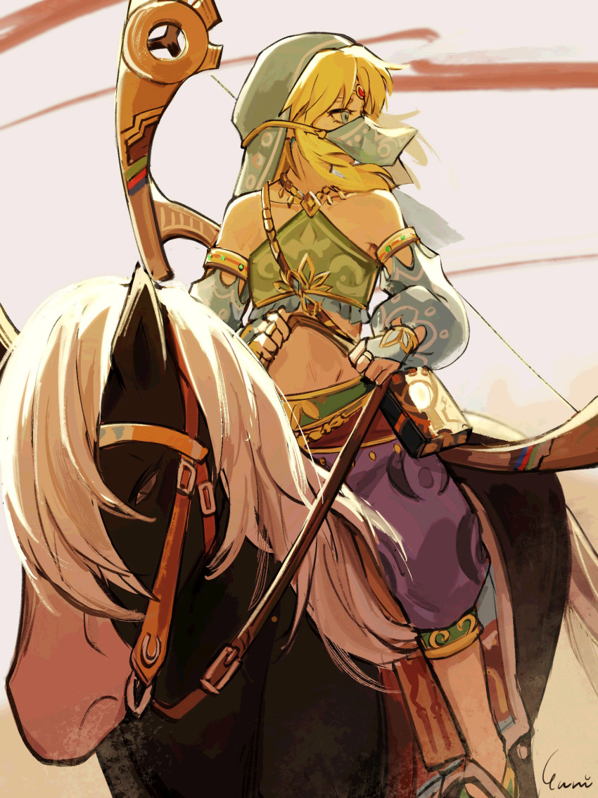 1boy black_horse blonde_hair bow_(weapon) bridal_gauntlets crop_top crossdressing forehead_jewel gem gerudo_set_(zelda) harem_pants highres horseback_riding link looking_to_the_side midriff mouth_veil pants red_gemstone riding sheikah_slate sidelocks the_legend_of_zelda the_legend_of_zelda:_breath_of_the_wild veil weapon zhengyuriri