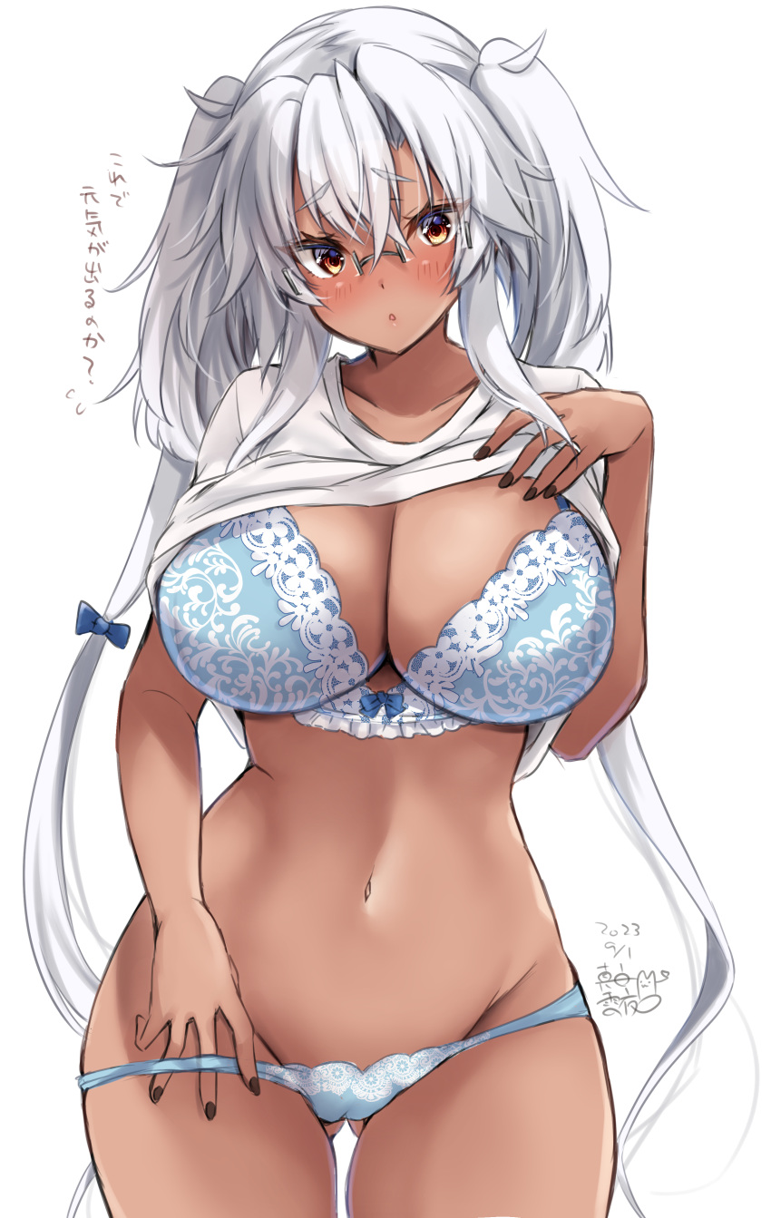 1girl absurdres ass_visible_through_thighs black_nails blue_bra blue_panties bra breasts brown_eyes cleavage clothes_lift commentary_request dark-skinned_female dark_skin dated groin hair_between_eyes highres kantai_collection large_breasts lifted_by_self long_hair looking_at_viewer mashiro_yukiya musashi_(kancolle) navel open_mouth panties semi-rimless_eyewear shirt shirt_lift signature solo translation_request twintails two_side_up underwear very_long_hair white_background white_hair white_shirt