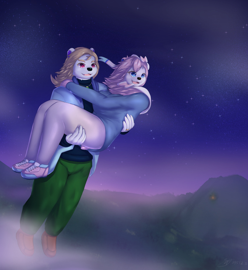 absurd_res anthro bear bridal_carry carrying carrying_another carrying_partner clothed clothing duo eeveelution fan_character female flying generation_6_pokemon hi_res hybrid male male/female mammal mountain night ninfii_(syst) nintendo pokemon pokemon_(species) polar_bear ring sky star starry_sky sylveon syst syst_(character) ursine wholesome