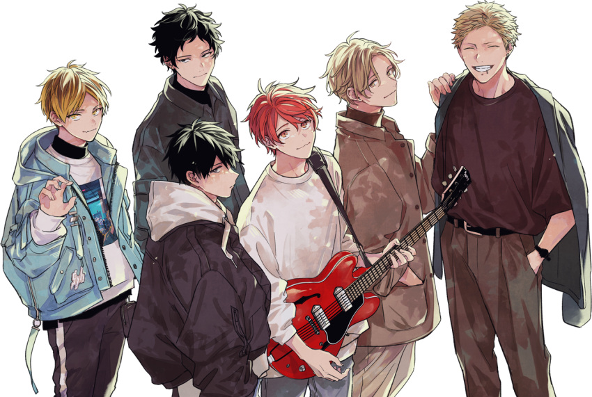 6+boys bishounen black_hair black_jacket blonde_hair border closed_eyes closed_mouth collage given guitar holding holding_instrument instrument jacket kaji_akihiko kashima_hiiragi_(given) kizu_natsuki light_blue_jacket looking_at_viewer male_focus multiple_boys nakayama_haruki official_art open_clothes open_jacket red_hair satou_mafuyu second-party_source short_hair smile transparent_background uenoyama_ritsuka yagi_shizusumi_(given)