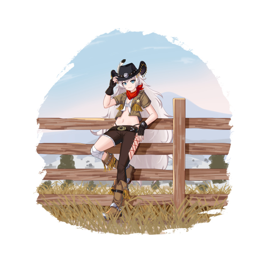 1girl absurdres against_fence alternate_costume belt black_gloves blue_eyes boots clothing_cutout cowboy_hat crop_top dm_(nguyen_dm95) fence fingerless_gloves full_body gloves goddess_of_victory:_nikke hat highres jacket long_hair looking_at_viewer midriff navel outdoors poli_(nikke) shirt shoes smile solo standing thigh_cutout wavy_hair white_hair