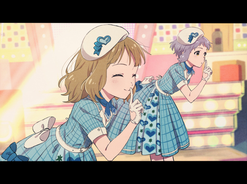 2girls :o beret black_border blue_dress border bow brown_hair checkered_clothes checkered_dress closed_eyes clothing_cutout commentary dress flat_chest gloves hand_up hat heart heart_cutout heart_print idol idolmaster idolmaster_million_live! idolmaster_million_live!_theater_days index_finger_raised looking_ahead makabe_mizuki medium_hair multicolored_background multiple_girls purple_hair short_hair short_sleeves sidelocks smile stage suou_momoko toji102m white_bow white_gloves white_headwear yellow_eyes