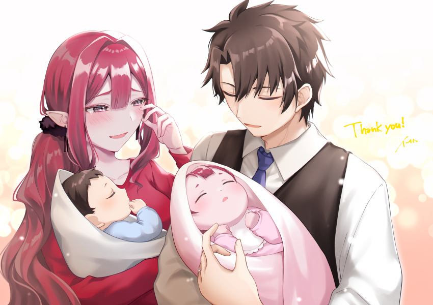 absurdres baby baobhan_sith_(fate) bib black_hair blush breasts family fate/grand_order fate_(series) father_and_daughter father_and_son fujimaru_ritsuka_(male) grey_eyes hair_ornament hair_scrunchie highres ichi_kq if_they_mated mother_and_daughter mother_and_son necktie open_mouth pointy_ears red_hair red_shirt scrunchie shirt signature smile tearing_up tears