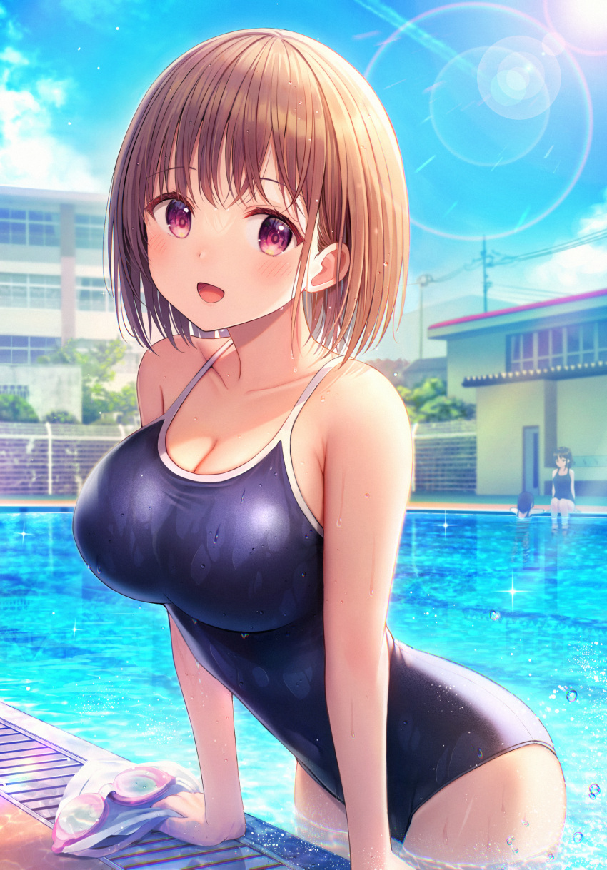 3girls :d bare_arms bare_shoulders black_hair blue_one-piece_swimsuit blue_sky blush breasts brown_hair building cleavage cloud commentary_request day goggles goggles_removed hat hat_removed headwear_removed highres large_breasts looking_at_viewer multiple_girls one-piece_swimsuit original outdoors pool poolside red_eyes sky smile solo_focus swim_cap swimsuit u_rin water white_headwear window