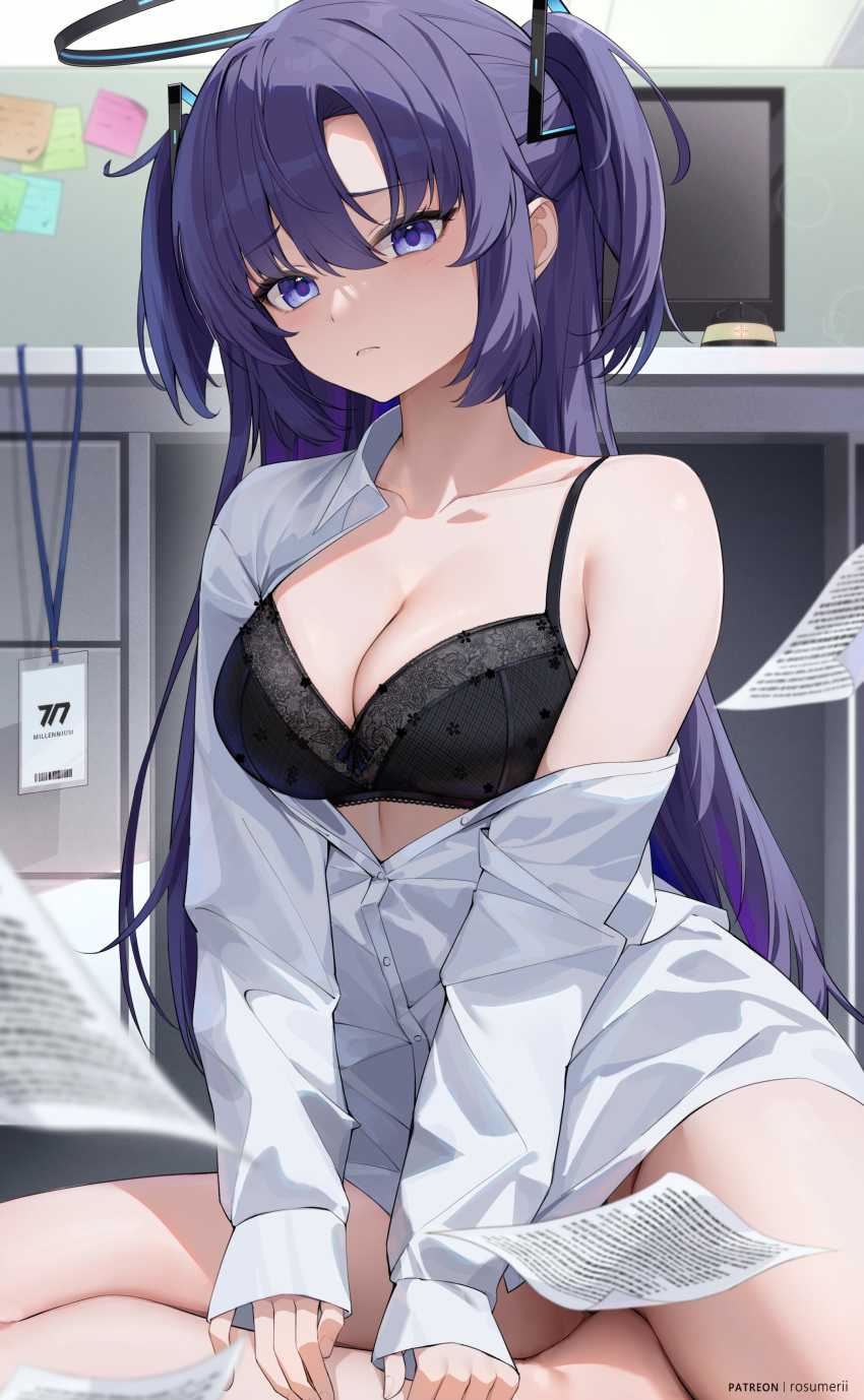 absurdres bare_legs blue_archive bottomless halo highres indoors looking_at_viewer purple_eyes purple_hair rosumerii two_side_up