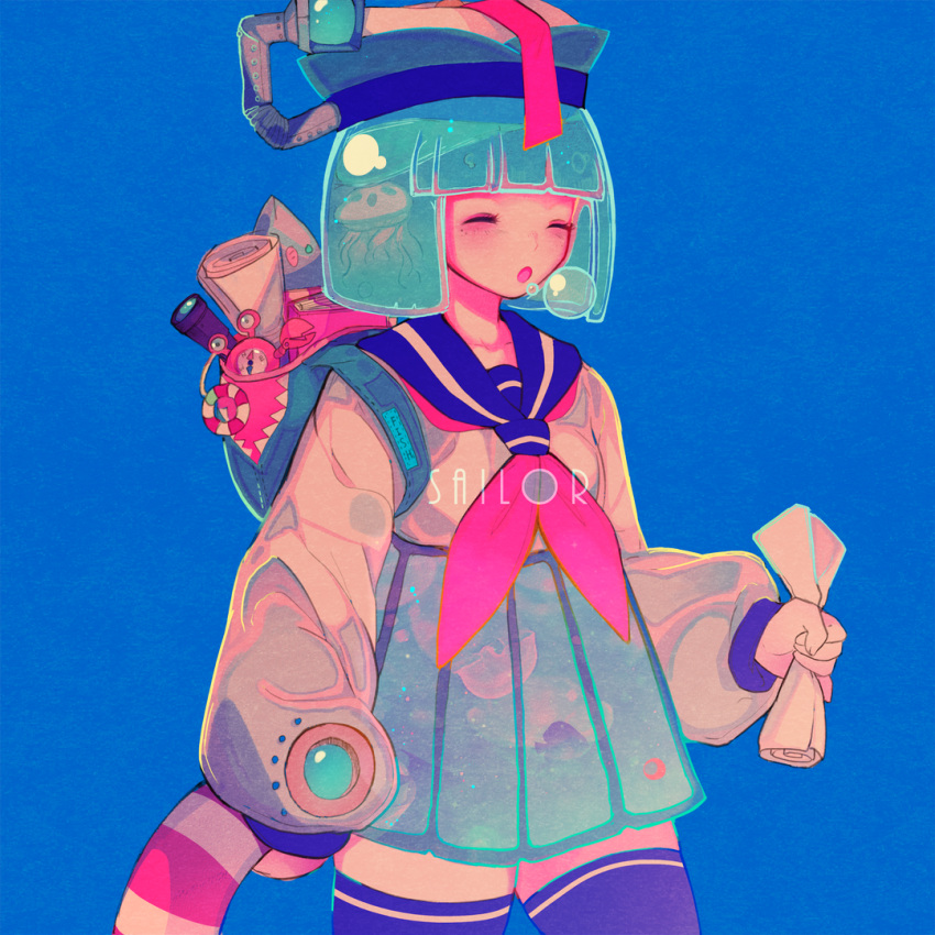 1girl animal_bag backpack bag blue_background blue_bag blue_hair blue_sailor_collar blue_skirt blue_thighhighs blunt_bangs book closed_eyes collared_shirt crescent_print english_commentary eyelashes hat hat_ribbon holding holding_scroll hoshi-pan innertube jellyfish liquid_hair long_sleeves miniskirt neckerchief open_mouth original pocket_watch puffy_long_sleeves puffy_sleeves red_neckerchief red_ribbon ribbon sailor sailor_collar sailor_hat sailor_shirt scroll shark_bag shirt short_hair single_strap skirt sleep_bubble sleepy spyglass starry_sky_print telescope thighhighs watch white_headwear white_shirt