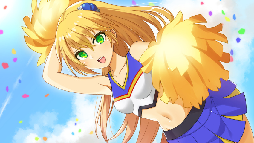 1girl :d alternate_costume arm_up armpits bare_shoulders blazblue blonde_hair blue_eyes blue_skirt cheerleader confetti crop_top day drawika02 dutch_angle hair_ornament highres holding holding_pom_poms long_hair midriff miniskirt navel noel_vermillion outdoors pleated_skirt pom_pom_(cheerleading) skirt smile solo teeth two-tone_skirt upper_teeth_only very_long_hair