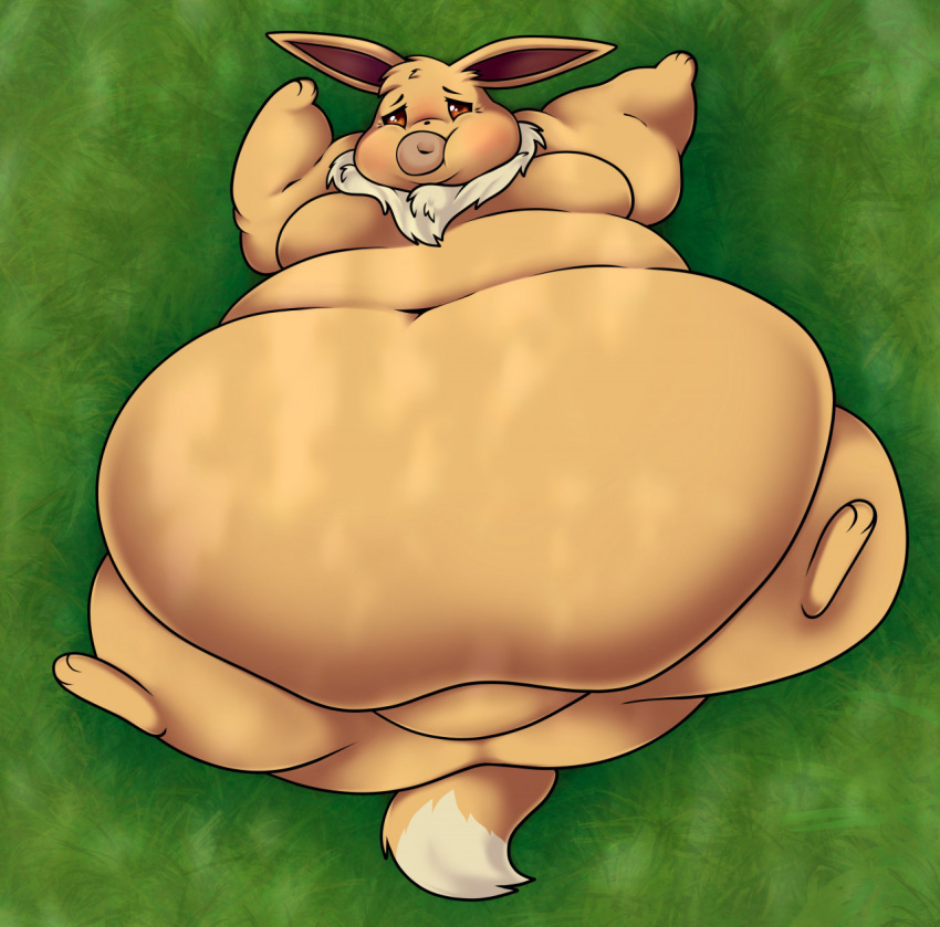 ambiguous_gender belly big_belly brown_body brown_eyes brown_fur dessert doughnut eating eevee feral food fur generation_1_pokemon hi_res hyper hyper_belly immobile lying morbidly_obese morbidly_obese_ambiguous morbidly_obese_feral nintendo obese obese_ambiguous obese_feral on_back outside overweight overweight_ambiguous overweight_feral pokemon pokemon_(species) pompuffy_(artist) solo stuffing tail weight_gain