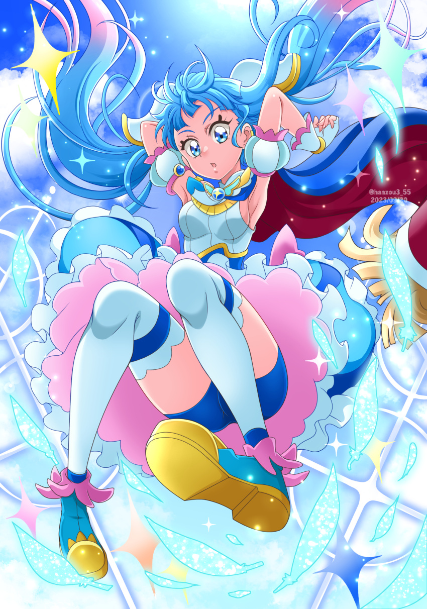 1girl belt_bow bike_shorts birthday blue_background blue_eyes blue_hair blush bow breasts brooch cape cure_sky cut_bangs detached_sleeves dress earrings gloves green_eyes hanzou happy_birthday highres hirogaru_sky!_precure jewelry long_hair magical_girl mirage_pen open_mouth precure puffy_detached_sleeves puffy_sleeves single_sidelock small_breasts sora_harewataru thighhighs twintails two-sided_cape two-sided_fabric very_long_hair white_thighhighs wing_brooch wing_hair_ornament