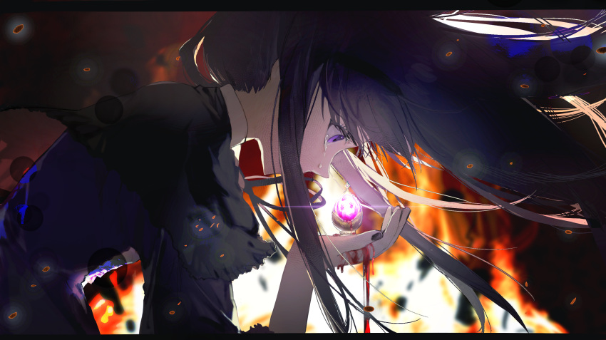 1girl abstract_background akemi_homura baba2499 black_capelet black_dress black_hairband black_nails blood blood_on_hands capelet covered_mouth crying crying_with_eyes_open dress dripping embers fire floating_hair frilled_capelet frills from_side glint glowing hairband highres hunched_over letterboxed long_hair looking_at_object mahou_shoujo_madoka_magica nail_polish pink_gemstone profile purple_eyes purple_hair solo soul_gem tears upper_body wide-eyed