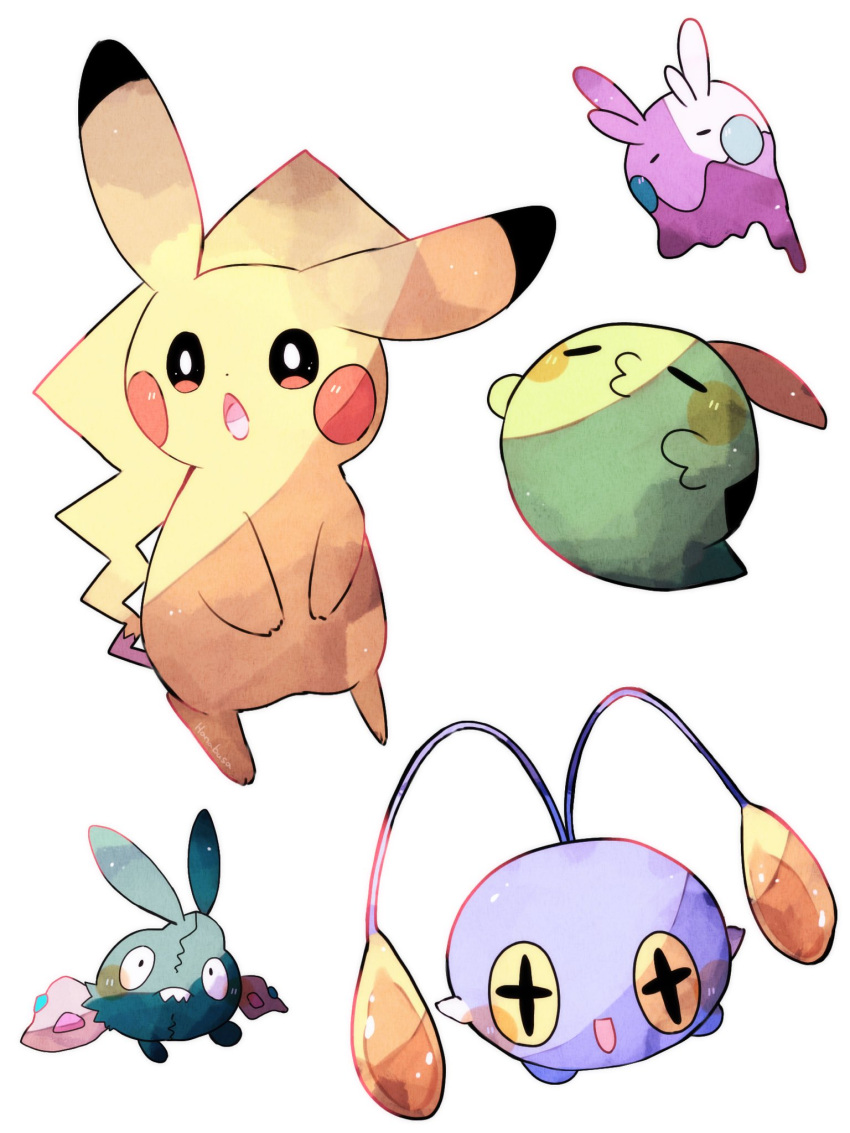 :d :o ^3^ animal_focus antennae blue_skin chinchou closed_eyes colored_skin commentary_request dot_nose goomy gulpin hanabusaoekaki highres no_humans open_mouth pikachu pokemon pokemon_(creature) simple_background sleeping slime_(substance) smile solid_oval_eyes star-shaped_pupils star_(symbol) symbol-shaped_pupils trubbish white_background yellow_skin