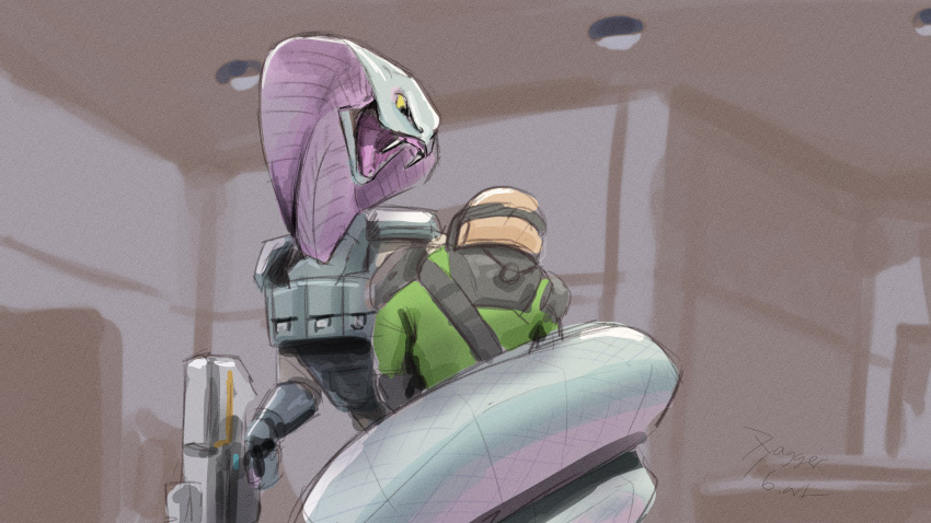 absurd_res agent_torque akilae06 alien anthro apode armor bottomless clothed clothing coiling colored colored_sketch draconcopode duo fangs fangs_bared female grey_body grey_scales gun hi_res holding_gun holding_object holding_weapon human inside legless looking_at_another male mammal naga open_mouth ranged_weapon reptile restrained scales scalie serpentine sketch snake snake_hood teeth viper_(x-com) weapon x-com x-com:_chimera_squad yellow_eyes
