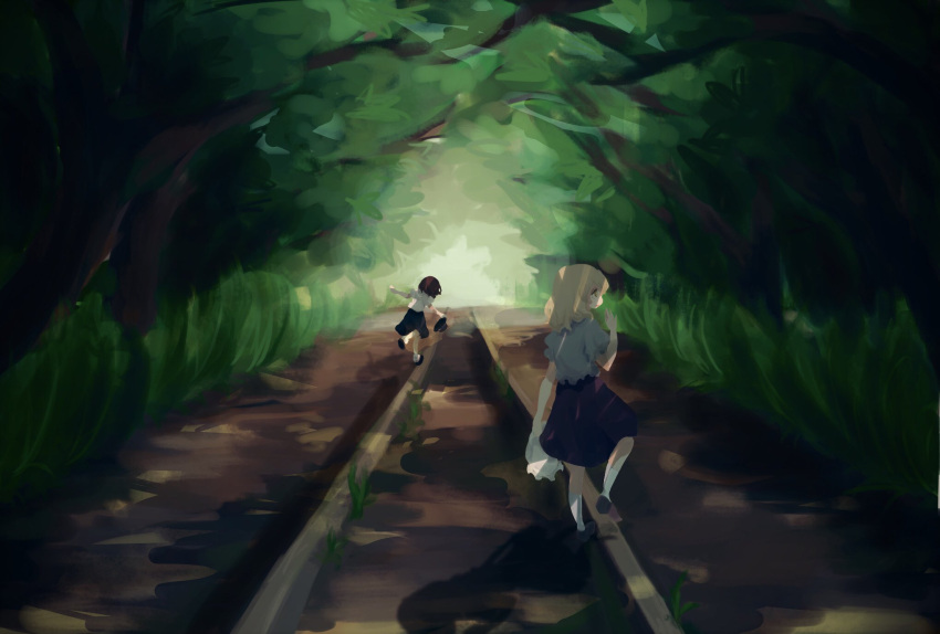 2girls branch bush dappled_sunlight dark day forest grass hat highres holding holding_clothes holding_hat looking_ahead looking_to_the_side maribel_hearn mozu_(tamakonnyaku) multiple_girls nature outdoors railroad_tracks scenery shadow shirt short_sleeves skirt sunlight touhou tree tree_shade usami_renko