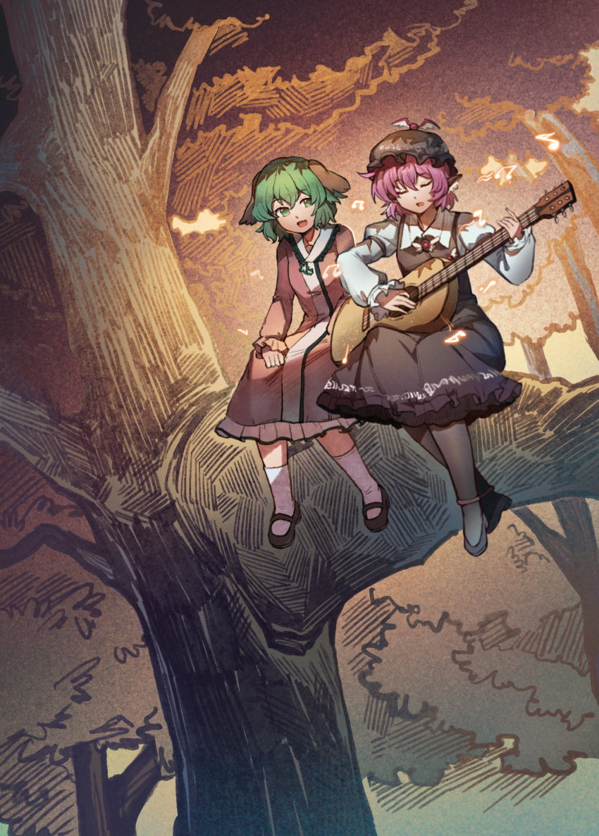 2girls animal_ears beamed_eighth_notes bird_ears black_footwear black_pantyhose brown_dress brown_headwear closed_eyes collared_shirt dog_ears dress eighth_note fang full_body green_eyes green_hair guitar hair_between_eyes hat highres in_tree instrument kasodani_kyouko long_sleeves multiple_girls music musical_note mystia_lorelei open_mouth pantyhose pink_dress pink_hair playing_instrument shirt shishui_guima shoes short_hair sitting sitting_in_tree skin_fang sleeve_garter smile socks touhou tree white_shirt white_socks winged_hat