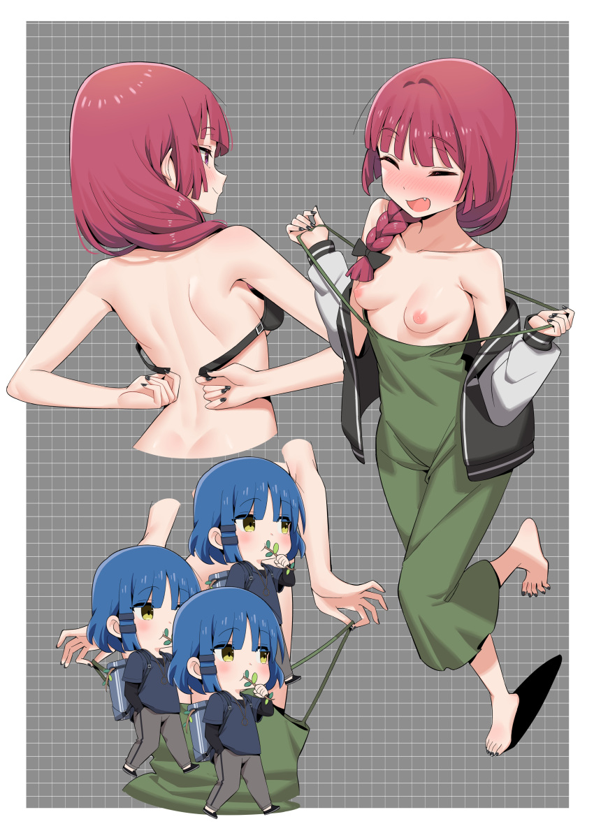 2girls :d absurdres back barefoot black_bra black_nails blue_hair blush bocchi_the_rock! bra braid breasts chen_yang_yang dress fang green_dress hair_ornament hairclip hand_in_own_hair highres hiroi_kikuri jacket long_hair multiple_girls nipples off_shoulder purple_hair short_hair small_breasts smile underwear yamada_ryo yellow_eyes