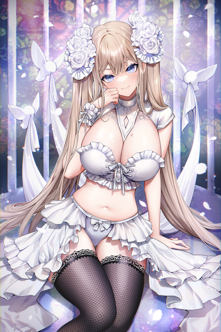 1girl absurdres between_breasts bird blonde_hair blue_eyes breasts brown_thighhighs clearpage cleavage closed_mouth crop_top dove fishnet_thighhighs fishnets flower frilled_shirt frills hair_flower hair_ornament hand_up head_tilt highres large_breasts long_hair looking_at_viewer midriff mole mole_under_mouth navel original panties revealing_clothes shirt short_sleeves showgirl_skirt shrug_(clothing) sitting skirt smile solo star_(symbol) stomach strapless strapless_shirt thighhighs thighs twintails underwear very_long_hair white_panties white_shirt white_skirt white_theme wrist_cuffs