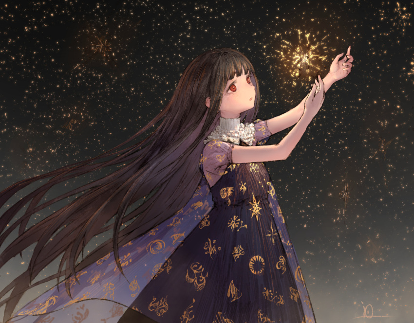 1girl arms_up black_dress black_hair blunt_bangs commentary dress expressionless io_(io_oekaki) long_hair night night_sky object_floating_above_hand original parted_lips red_eyes see-through see-through_dress_layer see-through_sleeves short_sleeves sky solo star_(sky) starry_sky upper_body very_long_hair