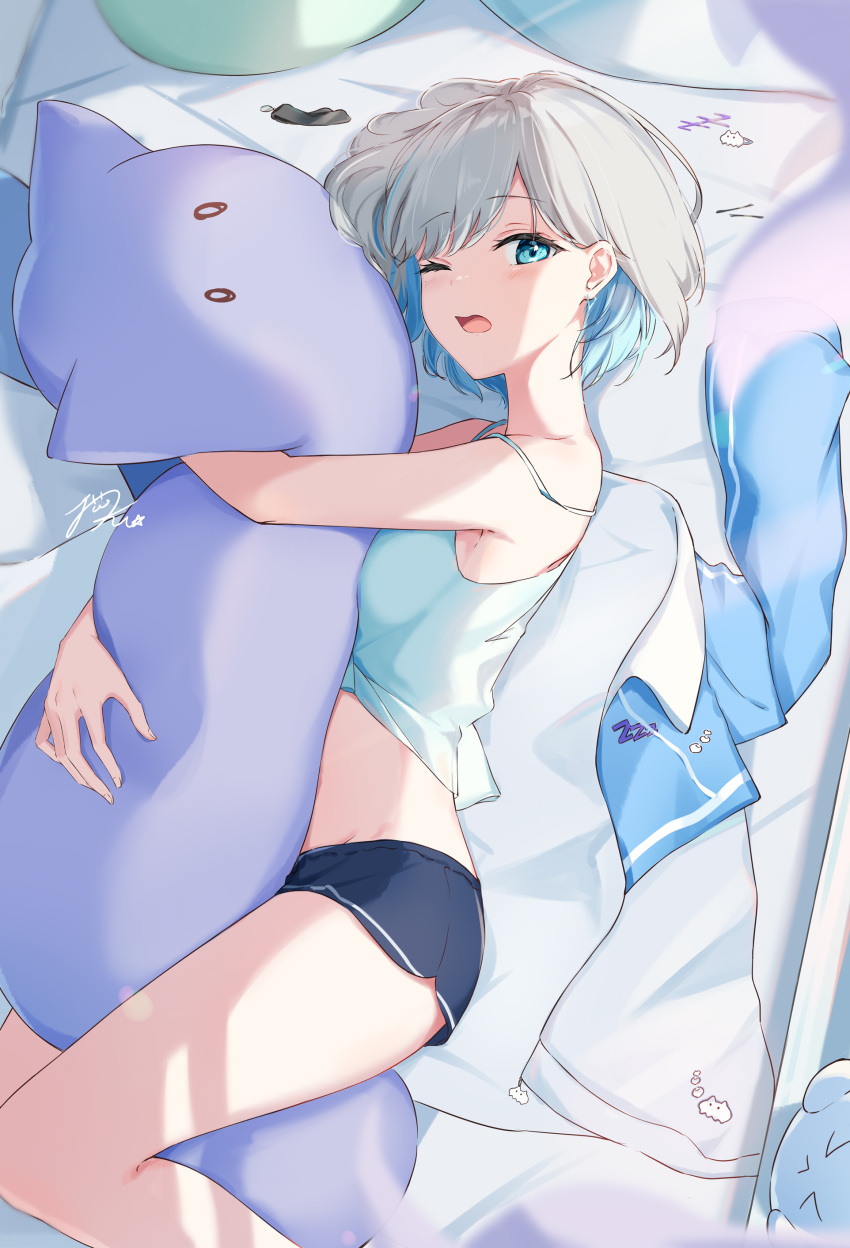 1girl absurdres armpits bare_shoulders bed bed_sheet black_shorts blue_eyes blue_hair blue_pajamas blunt_bangs body_pillow camisole colored_inner_hair grey_hair hair_ornament head_rest highres indoors kaga_sumire light_blue_hair looking_at_viewer lying multicolored_hair object_hug okishiro on_side one_eye_closed open_clothes open_mouth pajamas pillow pillow_hug short_hair short_shorts shorts signature solo streaked_hair sunlight thighs virtual_youtuber vspo! waking_up white_camisole zzz