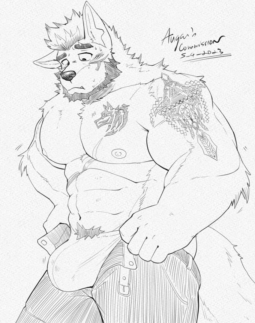 1boy abs animal_ears bara beard briefs bulge bulge_lift commission dressing facial_hair feet_out_of_frame furry furry_male greyscale highres i've_never_seen_a_guy_recreate_this_successfully_tbh_(meme) large_bulge large_pectorals looking_at_bulge male_focus male_underwear mature_male meme mer-de-kyle monochrome motion_lines muscular muscular_male navel navel_hair nipples open_pants original pants pants_lift pectorals pubic_hair pubic_hair_peek raised_eyebrow scar scar_on_chest short_hair shoulder_tattoo solo stomach sweat tail tattoo topless_male undersized_clothes underwear wolf_boy wolf_ears wolf_tail