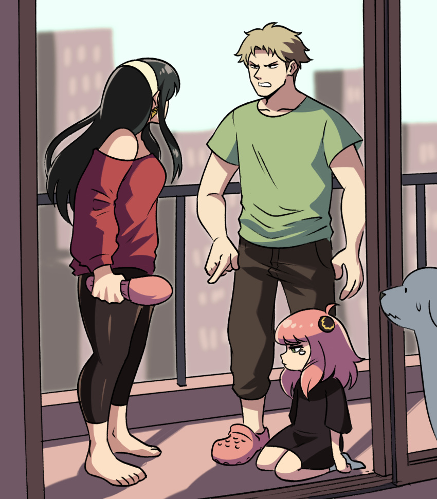 1boy 2girls anya_(spy_x_family) balcony black_hair blonde_hair bond_(spy_x_family) crocs dog dress female_child hairband highres multiple_girls open_mouth pants pink_hair sidelocks spy_x_family tina_fate twilight_(spy_x_family) yoga_pants yor_briar