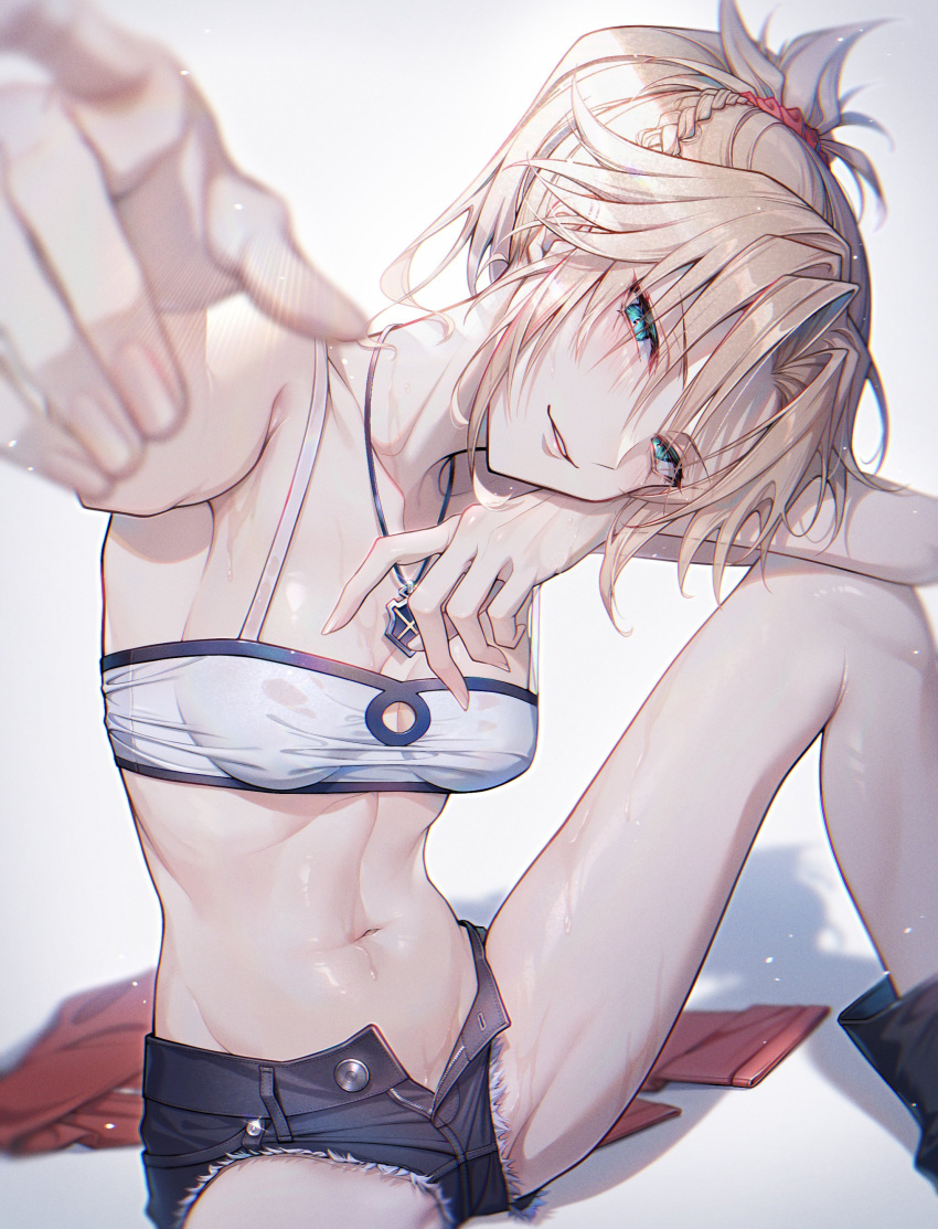 1girl absurdres bambi-25 bare_shoulders blonde_hair braid breasts breasts_apart clothes_on_floor crop_top denim denim_shorts eyes_visible_through_hair fate/apocrypha fate/grand_order fate_(series) green_eyes groin_tendon head_on_hand highres jacket jacket_removed jewelry looking_at_viewer medium_breasts midriff mordred_(fate) mordred_(memories_at_trifas)_(fate) navel necklace parted_bangs pointing pointing_at_viewer ponytail red_jacket red_scrunchie scrunchie shadow shorts sidelocks simple_background smile solo stomach sweat thighs wet wet_clothes white_background