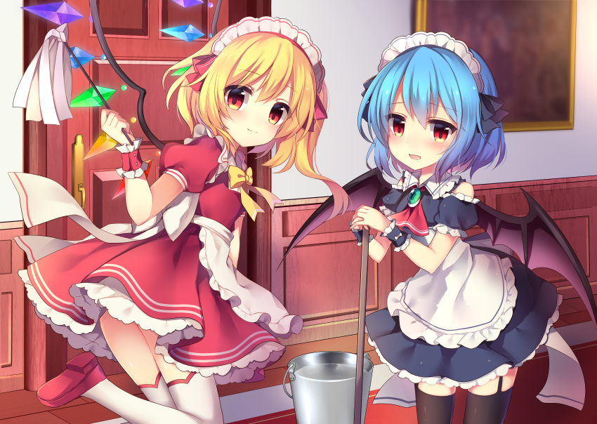 2girls :d absurdres alternate_costume apron ascot bare_shoulders bat_wings blonde_hair blue_hair blue_ribbon blush bow bowtie brooch bucket clothes_lift cowboy_shot crystal detached_sleeves door dress duster enmaided flandre_scarlet frilled_apron frilled_shirt_collar frills garter_straps hair_between_eyes hair_ribbon highres holding holding_mop indoors jewelry leg_up looking_at_viewer maid maid_apron maid_headdress mop multiple_girls one_side_up open_mouth petticoat picture_frame puffy_short_sleeves puffy_sleeves red_ascot red_bow red_dress red_eyes red_footwear red_ribbon remilia_scarlet ribbon ruhika shoes short_dress short_hair short_sleeves siblings sisters skirt skirt_lift smile standing standing_on_one_leg thighhighs thighs touhou waist_apron water white_apron wings wrist_cuffs yellow_bow yellow_bowtie zettai_ryouiki