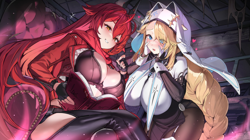 2girls :o absurdres armored_bodysuit blonde_hair blue_eyes blush bodysuit book breasts cleavage clothing_aside goddess_(nikke) goddess_of_victory:_nikke habit hands_on_own_face heart highres horns jacket large_breasts leather leather_jacket leather_pants long_braid long_hair mechanical_arms mechanical_horns mendou_kusai multiple_girls nun open_mouth pants pelvic_curtain pelvic_curtain_aside rapunzel_(nikke) red_eyes red_hair red_hood_(nikke) red_scarf scarf sitting smile very_long_hair